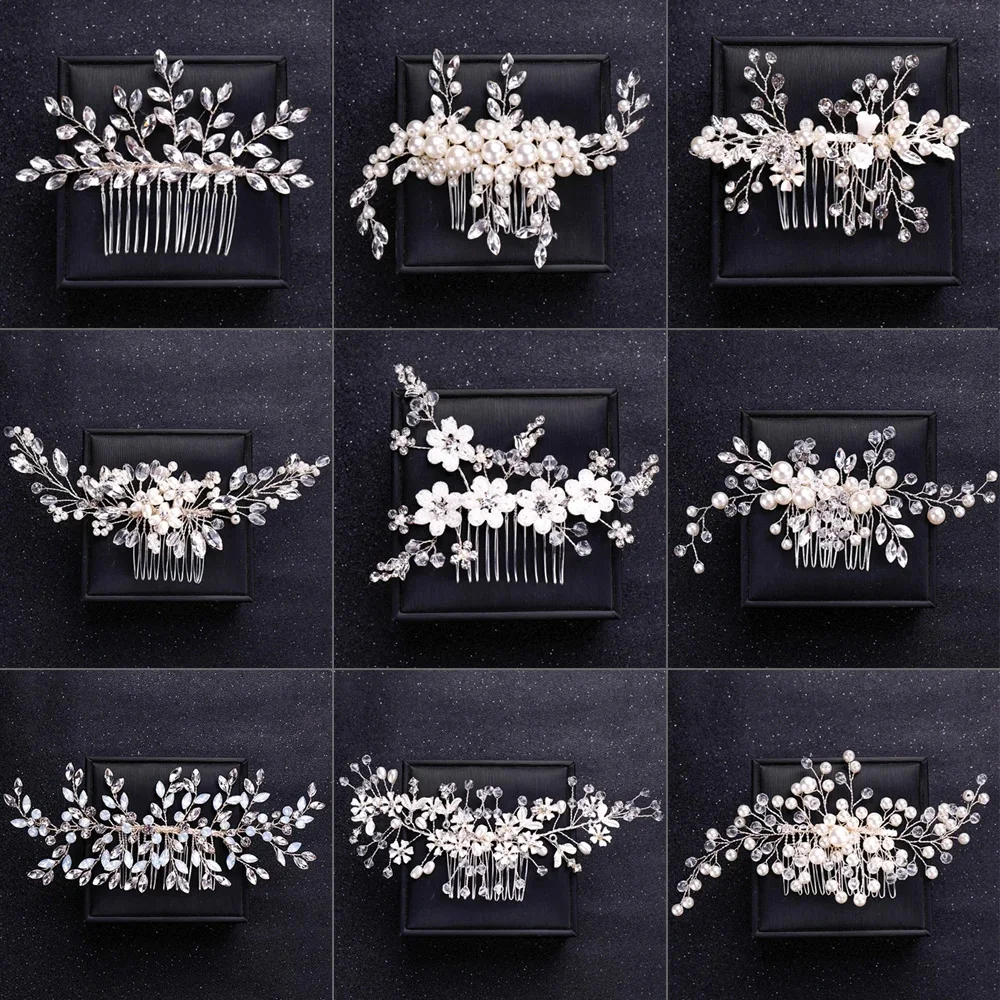 Handmade Silver Crystal Flower Hair Comb Pearl Rhinestone Flower Hair Combs For Women Bride Hair Jewelry Wedding Hair Accessorie