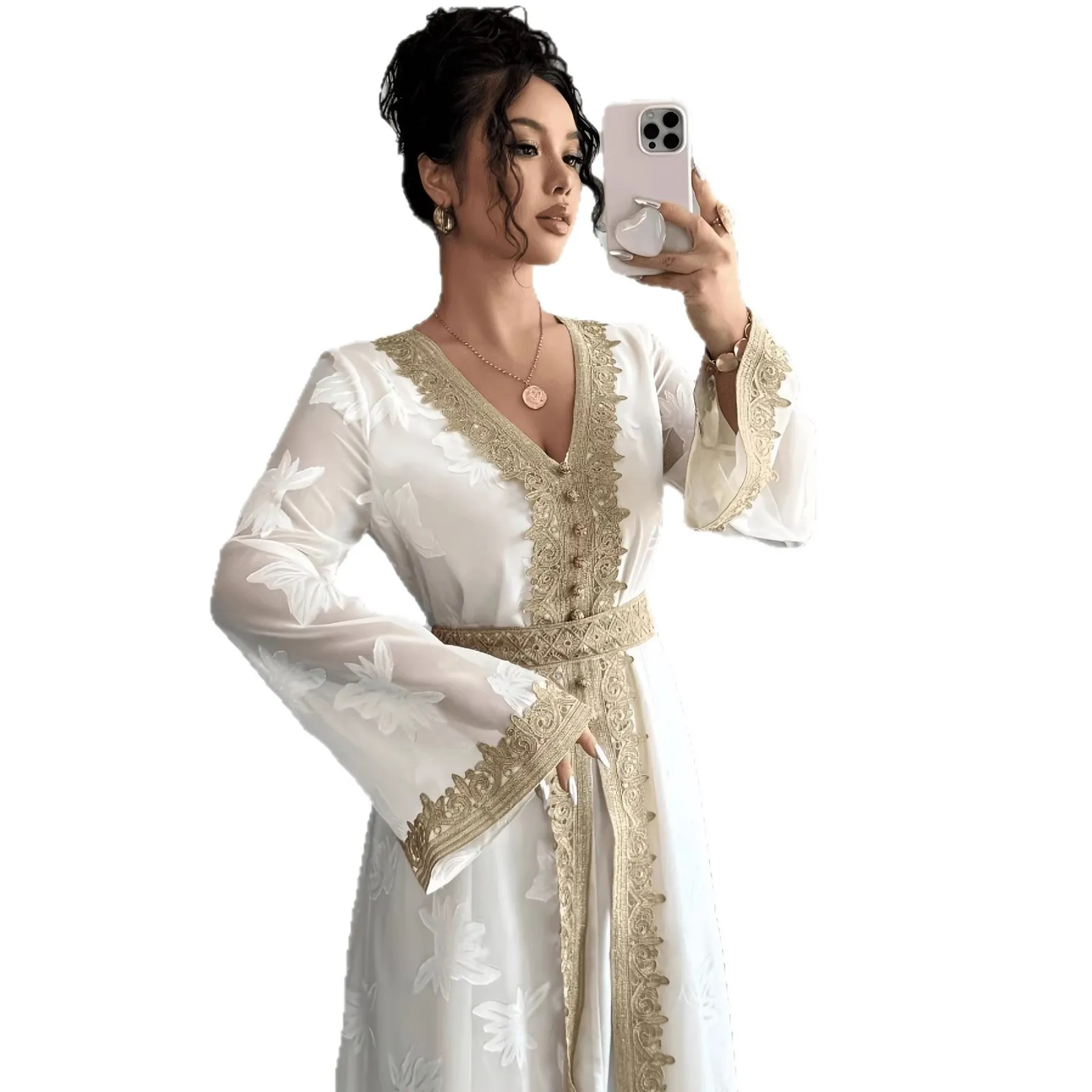 Dubai Abayas Woman Moroccan Caftan V Neck Long Sleeve Floral Embroidered White Caftan Maxi Dress Gold Embroidery Bell Sleeve A