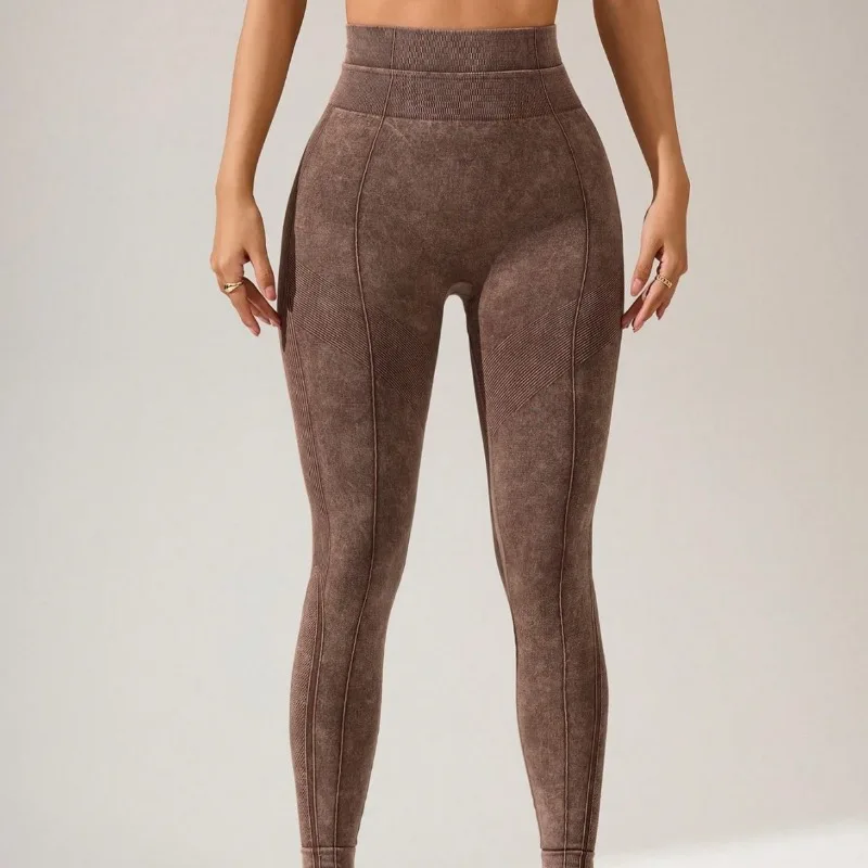 Women Quick Dry Through Yoga Leggings with Pockets High Waist Butt Lift Washed Textured Hip Lifting Running Fitness Sports Pants