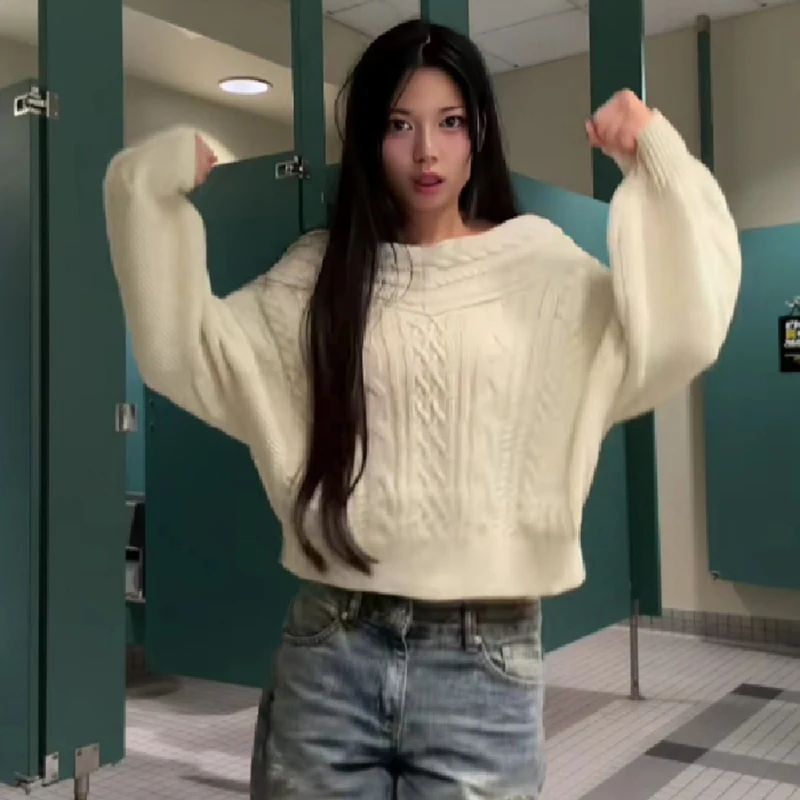 Women Slouchy Off-the-shoulder Knit Top Cable Twist Knitting Lantern Sleeve Loose Cropped Sweater Chic Casual Streetwear Pullove