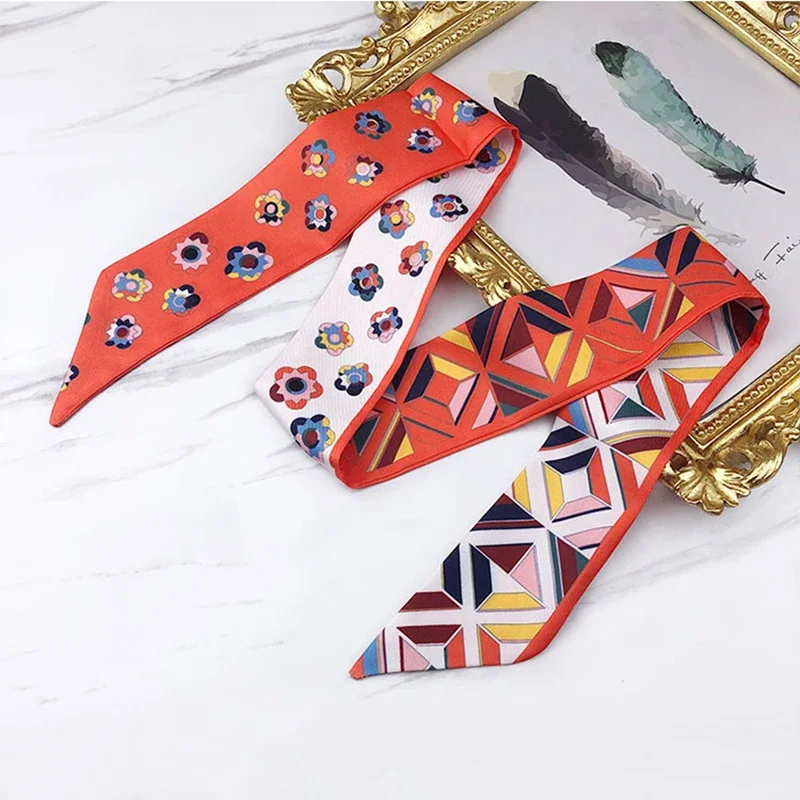 2024 Spring Border New Geometric Diamond Small Flowers Women\'s Decorative Small Silk Scarf Bundle Bag Handle Ribbon Small Scarf