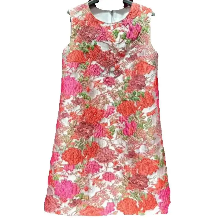 Hochwertige Stickerei, Jacquard-Diamanten, kurzes A-Linien-Kleid, 2025, neuer Sommer, lockere Taille, ärmelloses Tank-Kleid für Damen, Rundhalsausschnitt