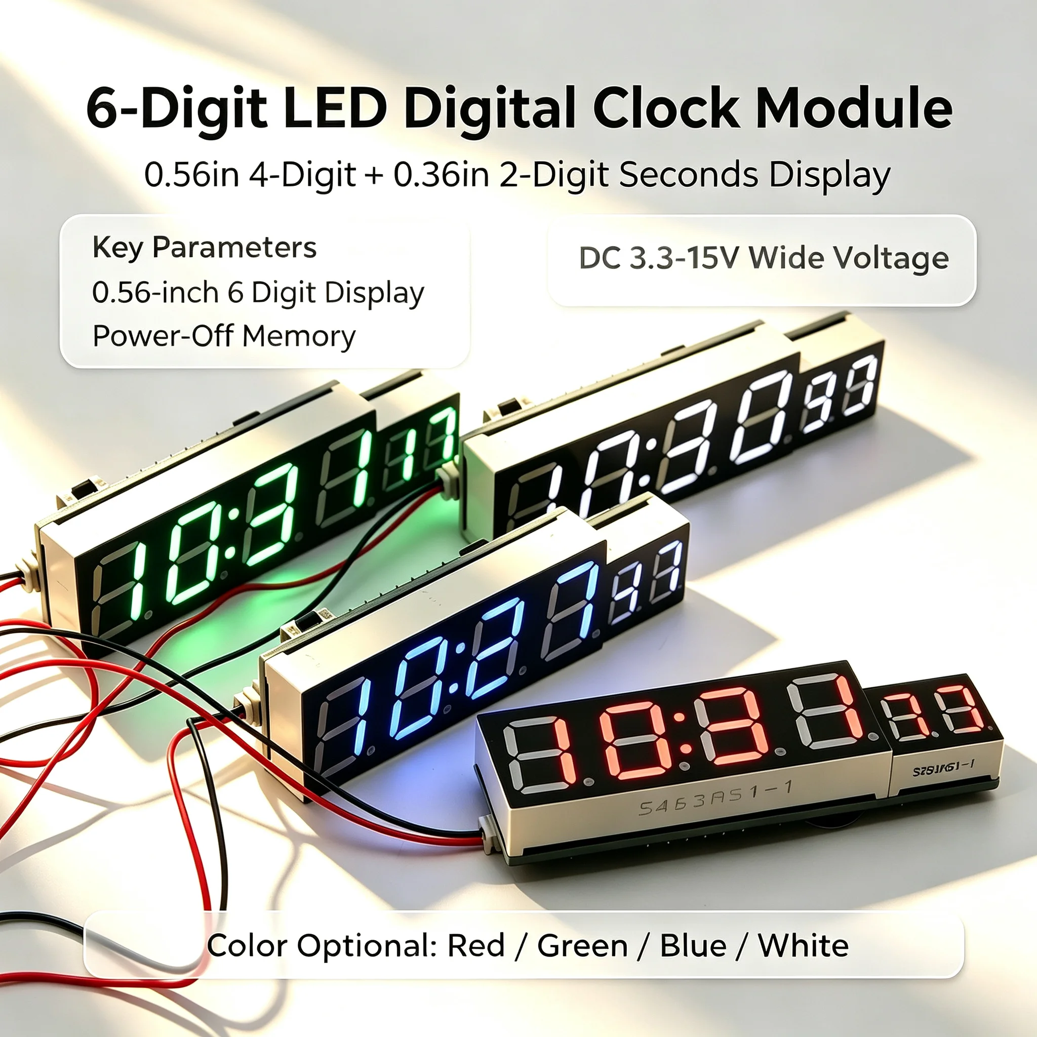 DYKB 6-Digit LED Clock Module 0.56in With Seconds Power-Off Memory & Brightness Adjust 3.3-15VDC For DIY Electronics Project Kit