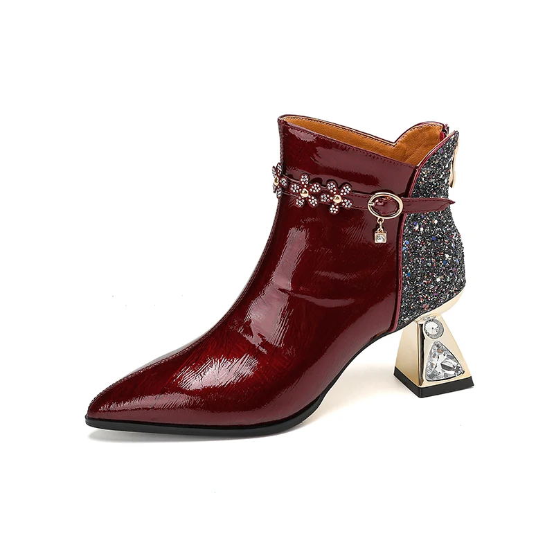

Luxury Brands Pointed Boots Elegant Women's Rhinestone Metal Trim Back Zipper Business Social Women's Booties Heels All Seasons
