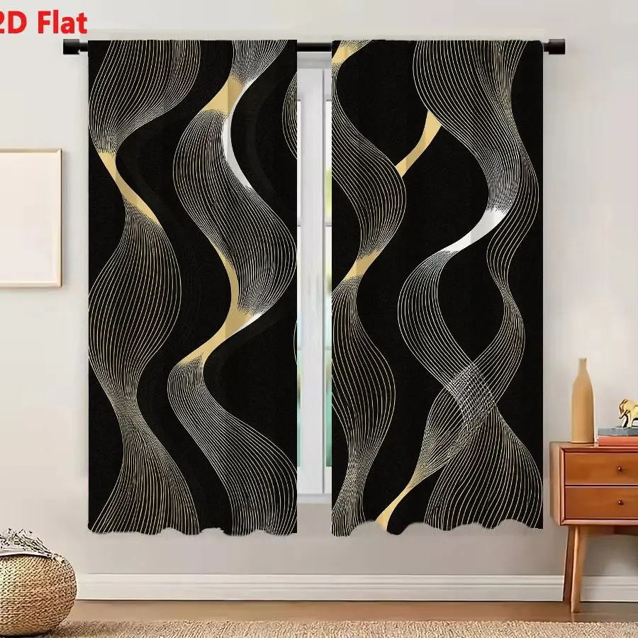 2Pcs Curtains 2D Flat Abstract Seamless Pattern Wavy Vertical Forms Black Background Metallic Golden Bronze Lines Elegant Modern