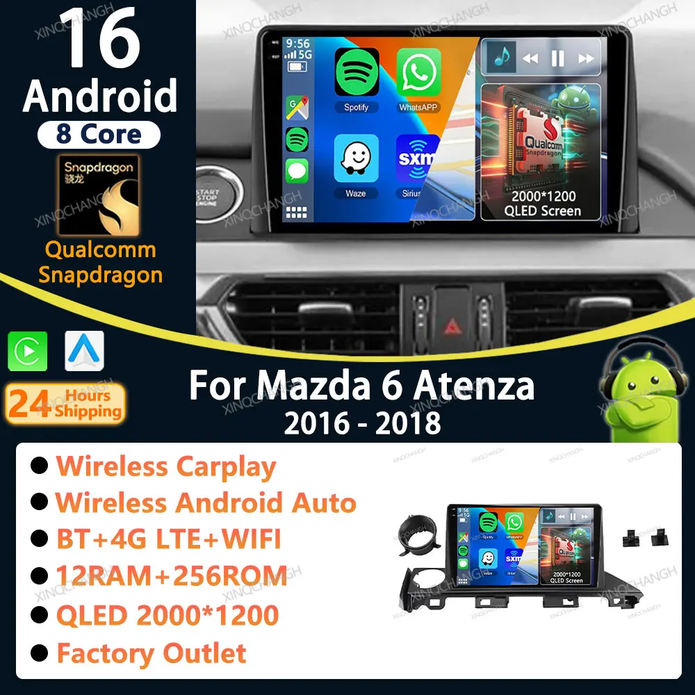 Android 16 Car Radio Carplay Auto For Mazda 6 Atenza 3 2016 2017 2018 Video Audio Stereo Dash Fitting Panel Kit 2 DIN Head Unit