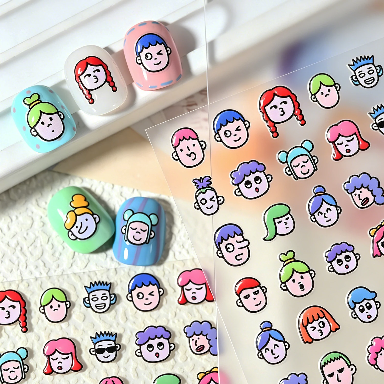 1Pcs 5D Embossed Chibi Portrait Nail Stickers Funny Girl&Boy Head Self-Adhesive Nails Decals DIY Kawaii Manicure Art Decoration