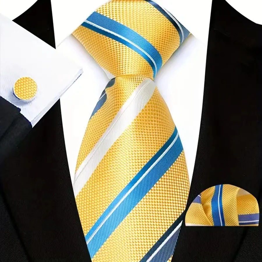 Men's Ties Stripes Green Gray Blue 8cm Jacquard Necktie Accessories Daily Wear Cravat Wedding Party Tie Hanky Cufflinks 3PCS Set