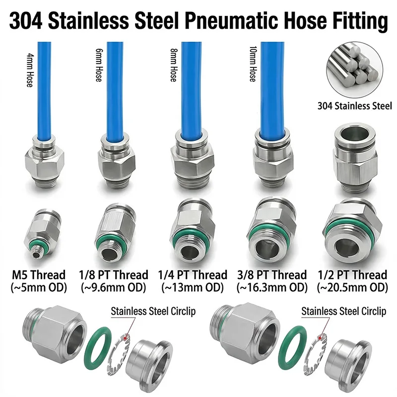 10pcs 304 Stainless Steel PC Pneumatic Quick Connector G Thread Thread Pipe Water Gas Connector M5 1/8