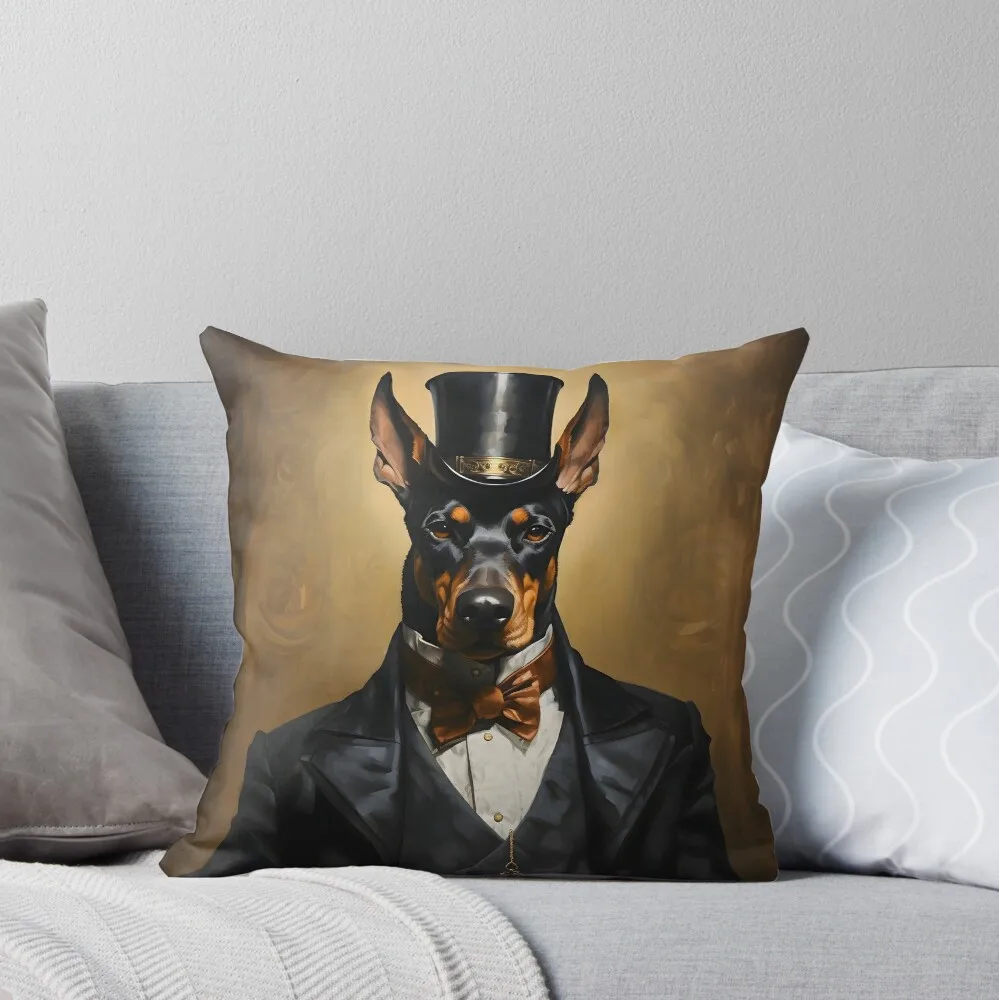 Dapper Doberman Pinscher Portrait Art Dog Victorian Dressed Animal   vintage dog in suit Cushion Cover Decorative throw Pillow