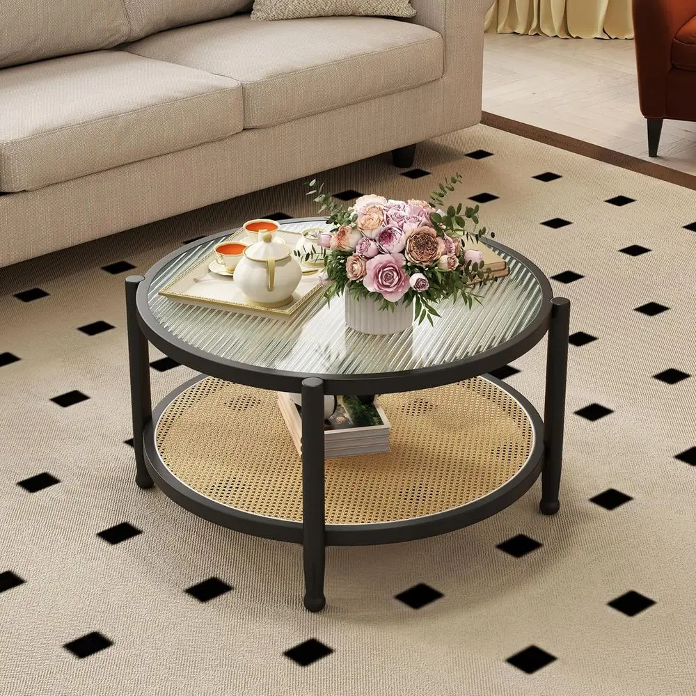 32 طاولة قهوة ريفية بوهو راتان مع سطح من الزجاج المقسى، لهجة تخزين من الخشب الصلب لغرفة المعيشة