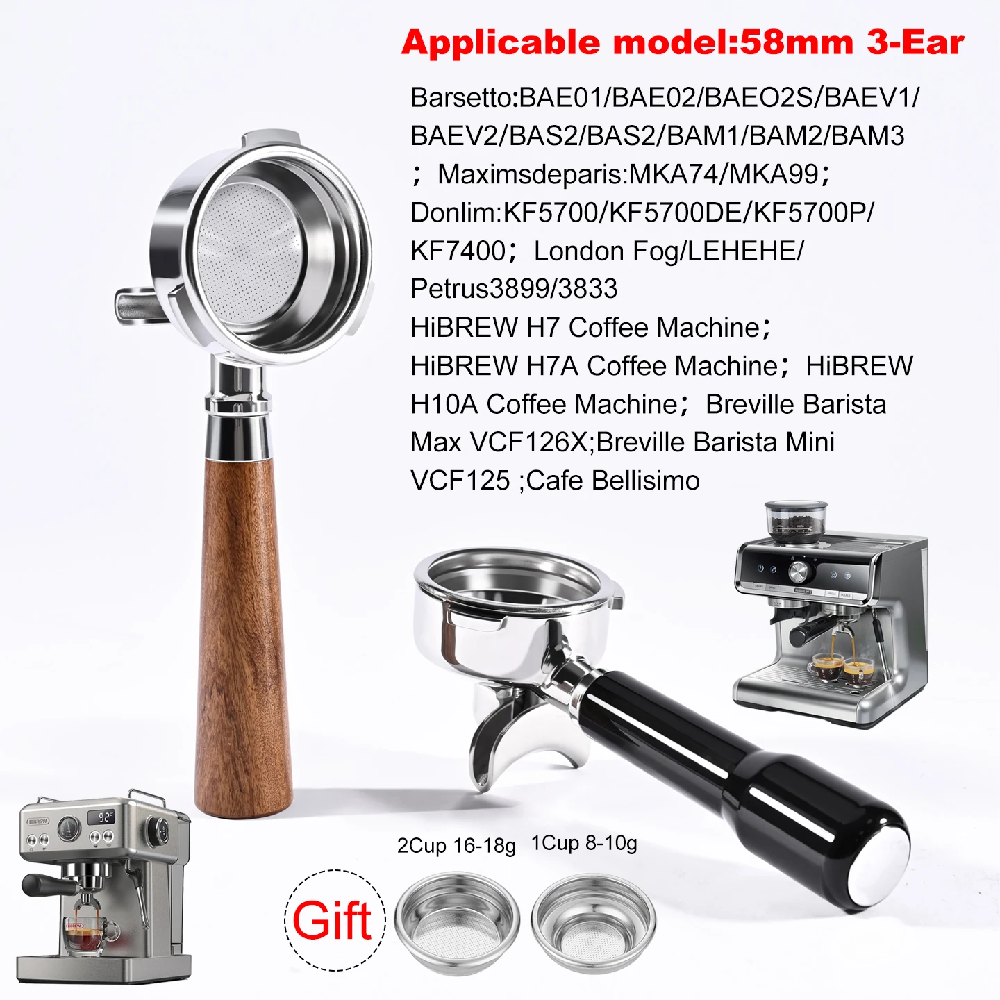 58mm 3-Ear For Hibrew h7 h7a h10a Stainless Steel Espresso Portafilter Breville Barista Max/Mini/Signature Brew Basket Tools