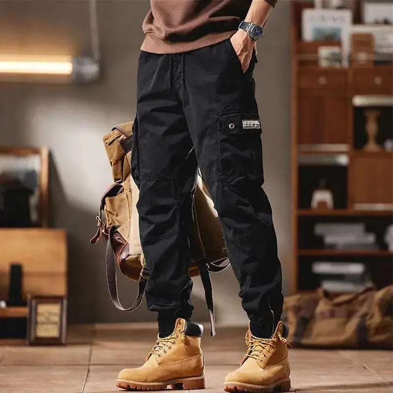 Men's Casual Cotton Work Trousers Spring Autumn High Quality Wear Resistant Cuffed American Retro Multi Pocket Loose Fit Pants