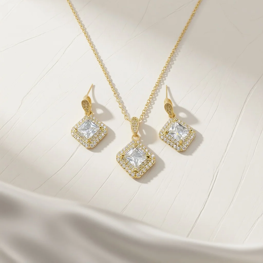 Square inlaid women's jewelry set, princess cubic zirconia pendant+ear hook, elegant wedding banquet daily fashion gift