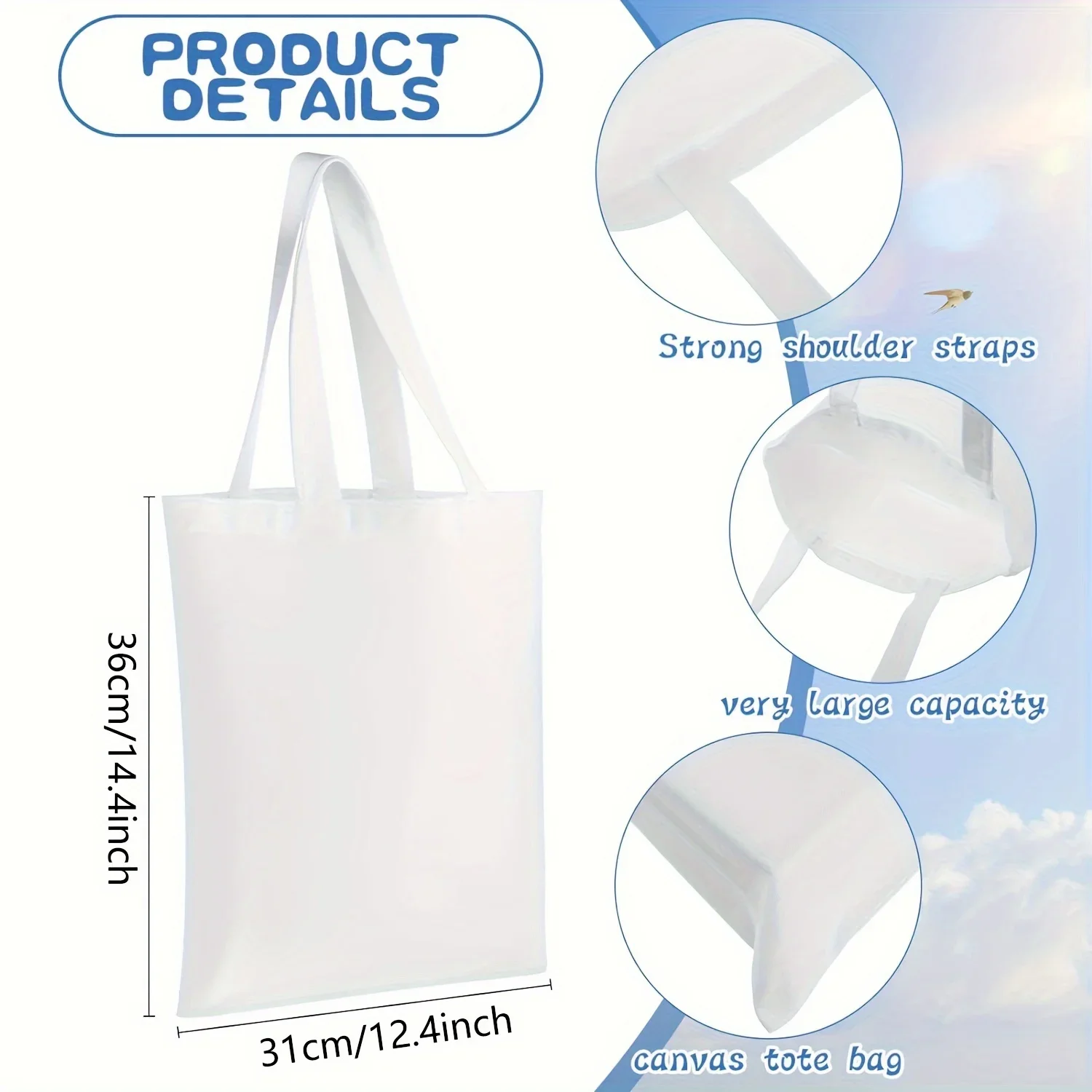 6 Pack Blank DIY Tote Bags-Washable, Reusable Grocery Bags for Heat Transfer/Sublimation Projects, Ideal for Shopping & Errands