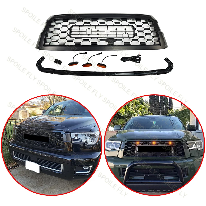 

For Toyota Sequoia 2019-2021 With 3/Pcs Led Light High Quality ABS TRD Style Racing Grills Car Front Bumper Grille Glossy Black