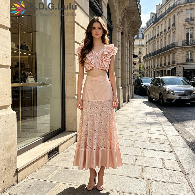 EDGLuLu Sexy V-Neck Flying Sleeve Lace Patchwork Short Top+High Waisted Long Fishtail Skirt Pink Two Piece Outfits Woman 0709