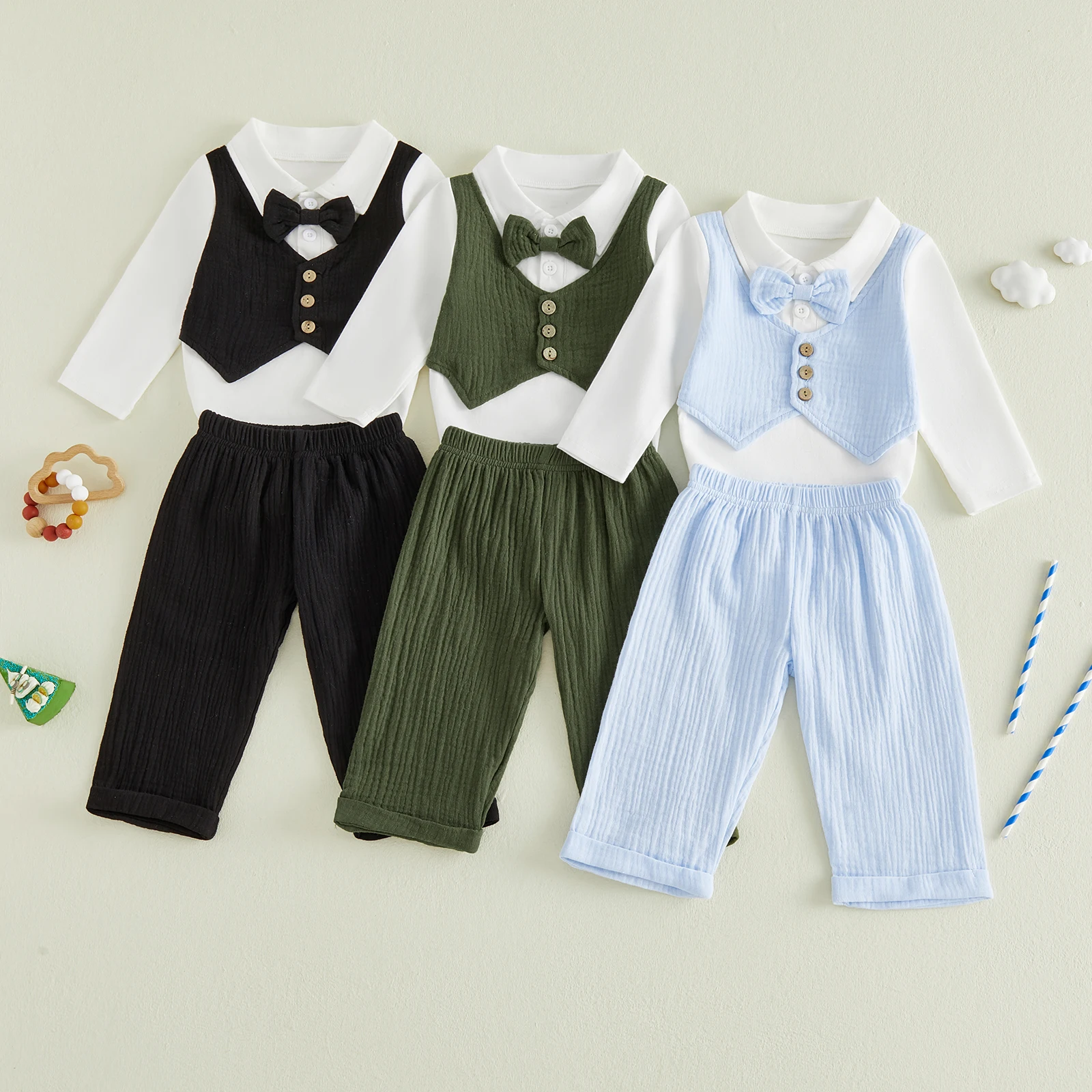 Baby Boy Gentleman Outfits Fake Two-Piece Long Sleeve Romper with Bowtie Pants 3 Piece Fall Set