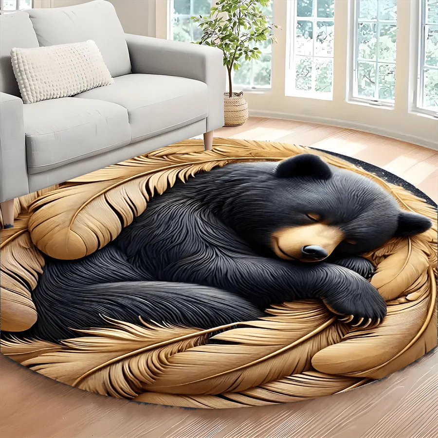 3D Effect Sleeping Black Bear Round Area Rug Tree Trunk Circle Carpet Washable Non Slip Office Desk Chair Floor Decor
