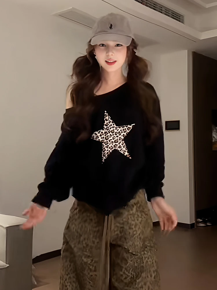 plus Size Women's Bla Asymmetrical oulder Sweatirt Spring Early Star Print Loose Slimming Micro Fat oulder Exposure Top