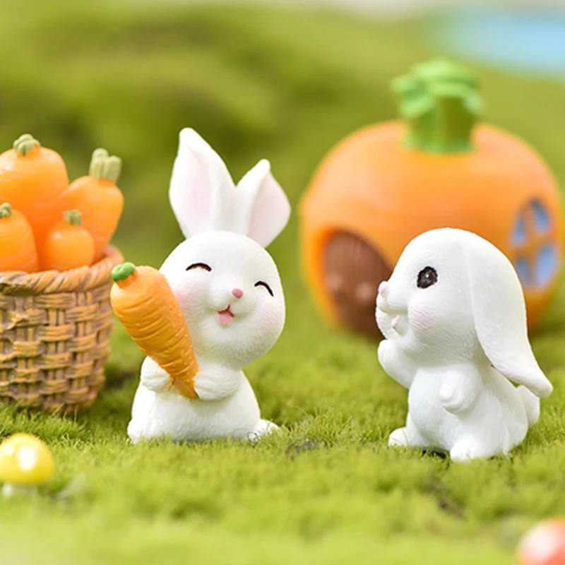 Mini Resin Rabbit Carrot Animal Figurine Easter Christmas Miniature Craft Bunny Garden Ornament Dollhouse DIY Home Decor