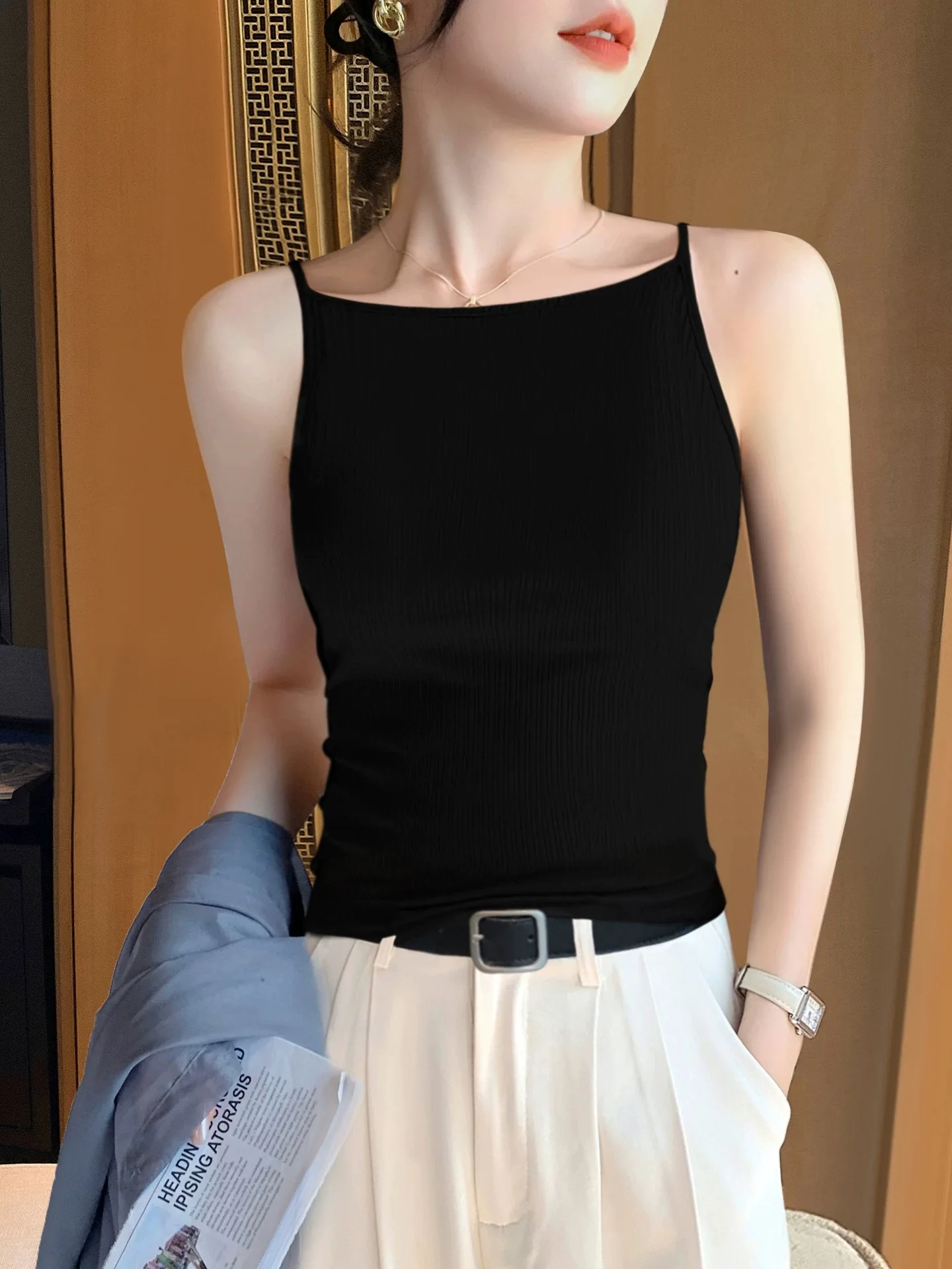 Summer Cotton Blend Strap Vest Women's Bottoming plus Size Fat MM Breast Reduction Slimming Tummy Covering Top