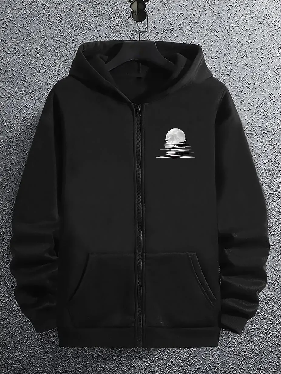 Men's Moon Water Reflection Graphic Zip Up Hoodie Long Sleeve Casual Hooded Sweatshirt with Kangaroo Pocket Streetwear Outerwear