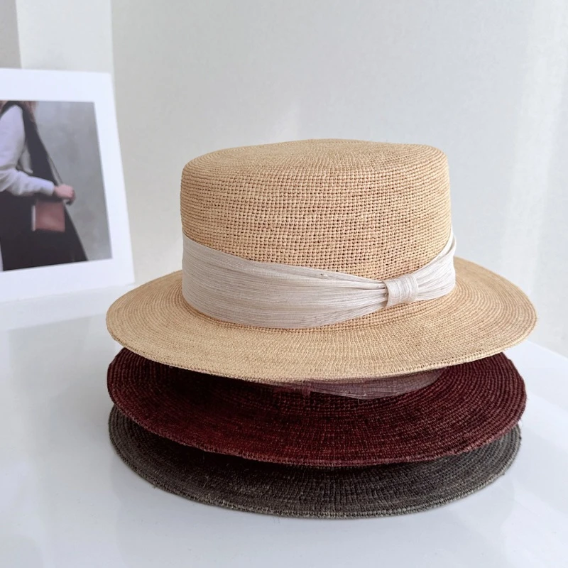 Classic Natural Straw Panama Fedora Hat for Women Wide Brim Summer Sun Hat with Bow Vintage Breathable Beach Cap