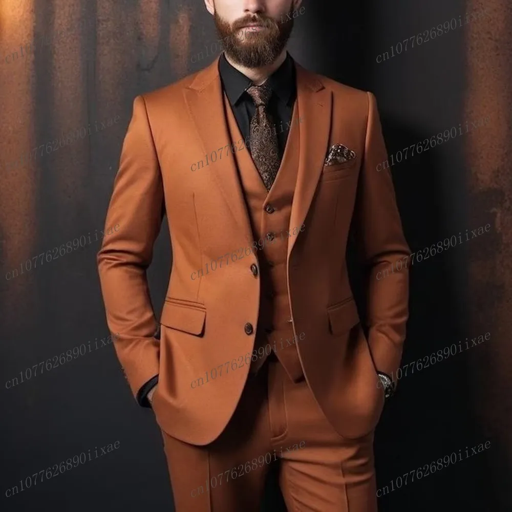 

New Dark Orange Formal Men Business Suit Groom Groomsman Wedding Party Prom Male Tuxedos Costume 3 Piece Set Jacket Vest Pants