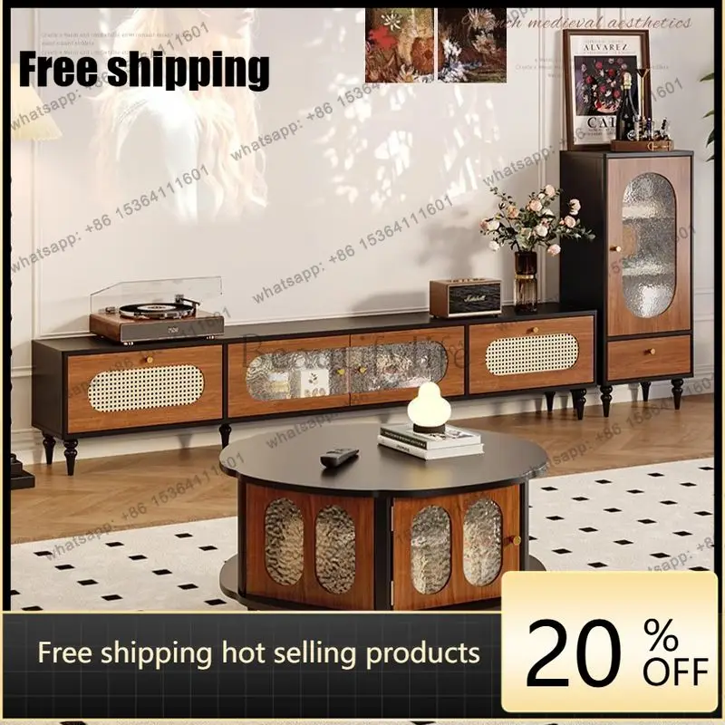 LJY Medieval rattan TV cabinet floor-to-ceiling solid wood living room storage locker removable coffee table TV cabinet combinat