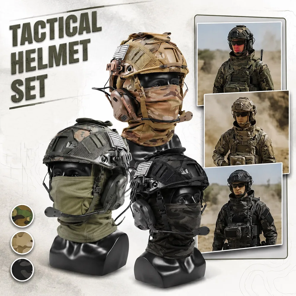 Tactical Airsoft Helmet Set with Full Face Balaclava Headset Battery Pouch Helmet Cover Paintball Combat Hunting Protective Gear