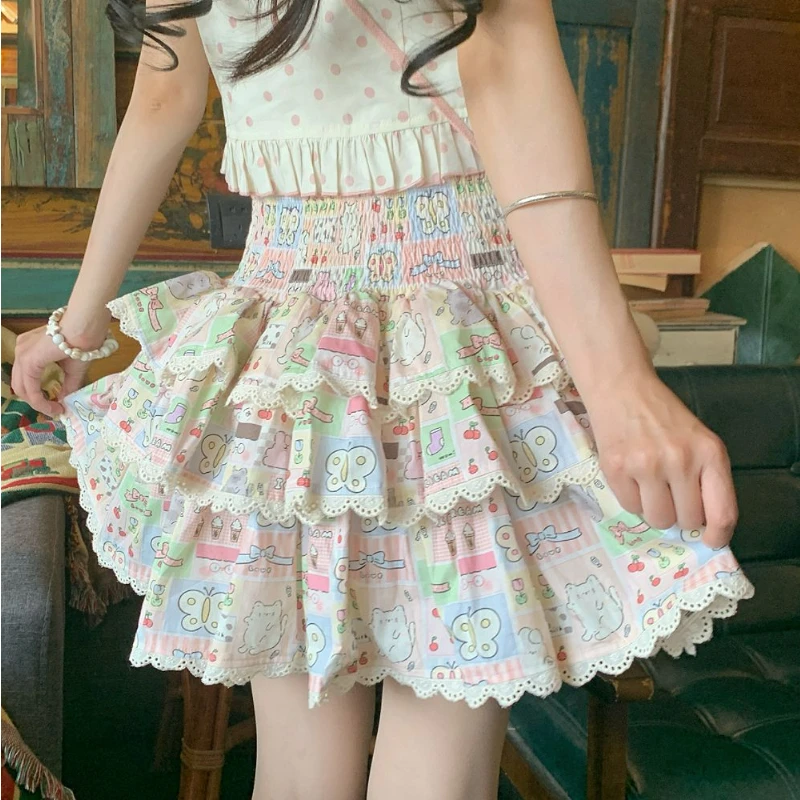 Sweet Lolita Style Cake gonna donna Kawaii cutton Butterfly Print gonne a pieghe Gothic Y2k Girls Short Fairy Party minigonne