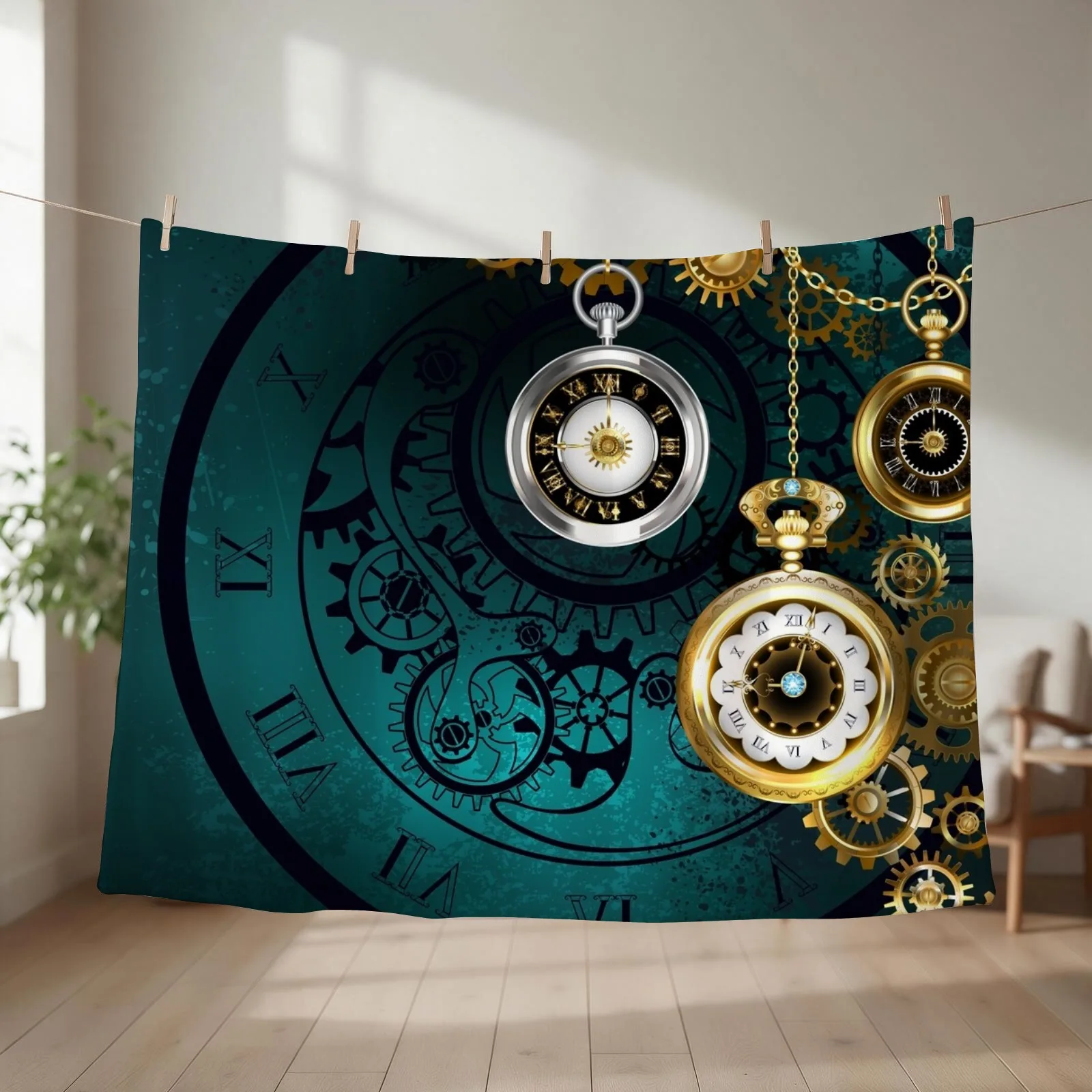 Clock with Gears on Green Background ( Steampunk ) Throw Blanket Weighted Shaggy Large Stuffeds Blankets