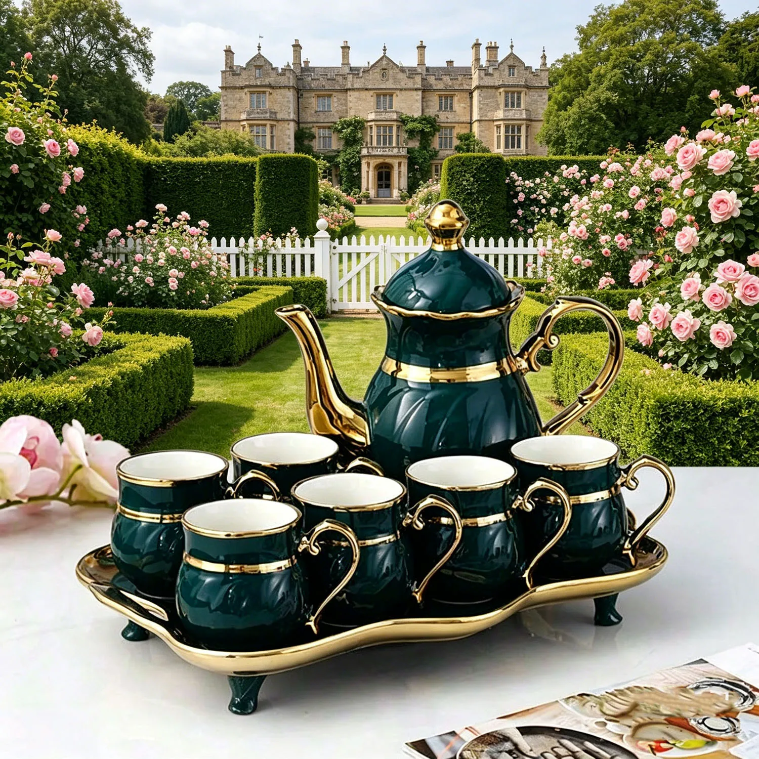 8PCS Luxury Double Gold‑Trim Swirl Ceramic Tea Set, European‑Style Ceramic Teapot with 6 Coffee Cups & Gilded Footed Tray, Elegant Vintage Afternoon‑Tea Tableware, Gifts for Wedding, Housewarming and Birthday