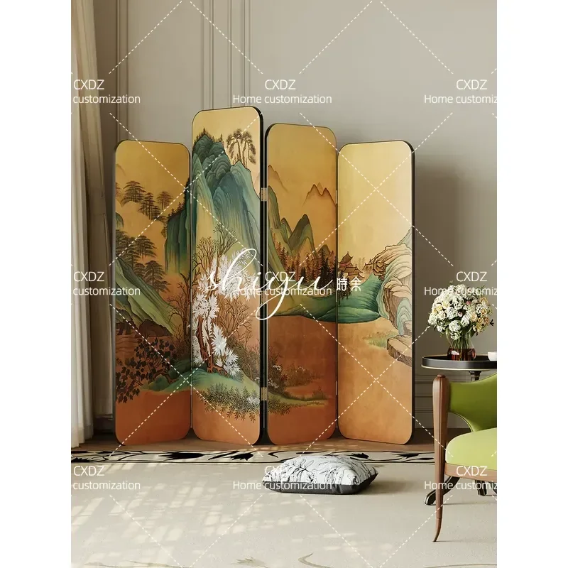 Retro Pure Hand Painted Solid Wood Screen Medieval Ornament Chinese Style Room Divider for Hotel Model Home Decor