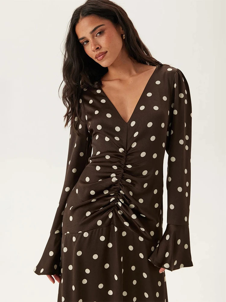 

Womens Polka Dot Pleated Dress French Elegant Chic V-neck Full Flared Sleeve Waist Cinching Dresses 2026 Lady Night Party Gowns