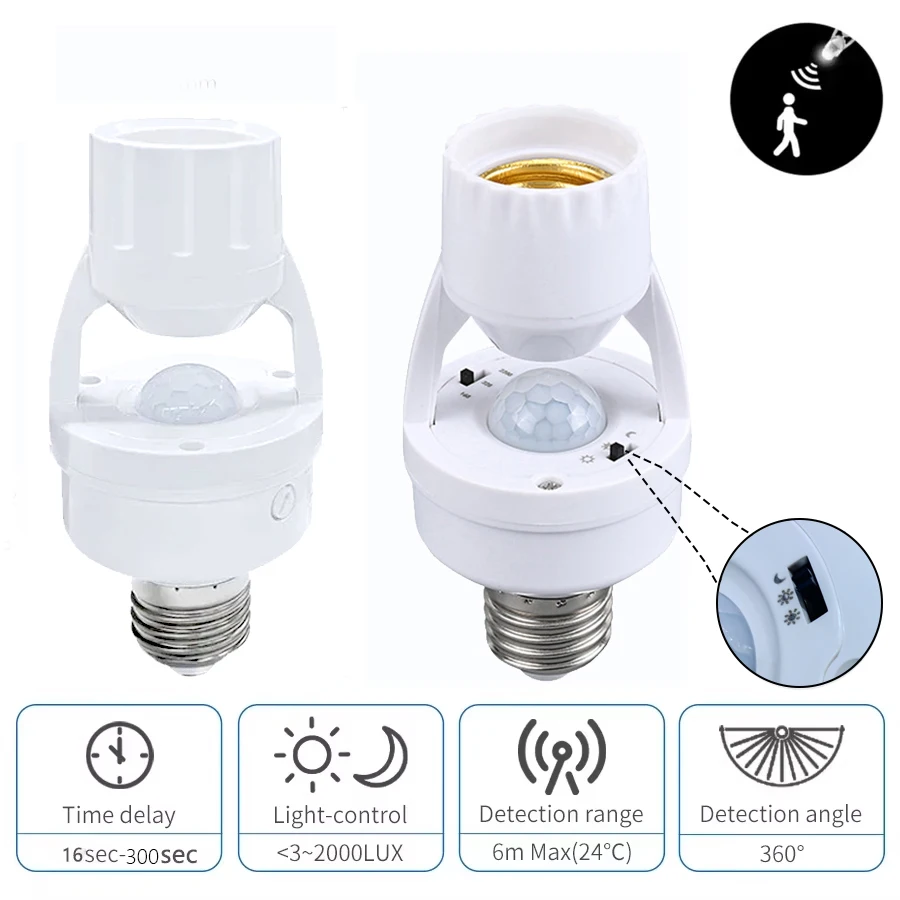 E27 Socket Converter with PIR Motion Sensor Lamp Base Intelligent Switch LED Light Bulb Holder 110V 220V Adjustable Detector