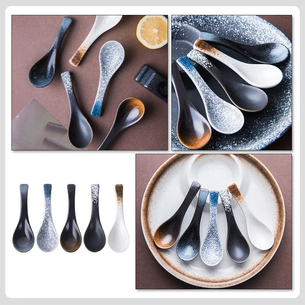 

5Pcs Ceramic Soup Spoons Japanese Style Premium Quality Kitchen Utensil for Home Restaurant Hotel Smooth Comfortable Grip