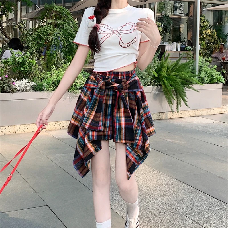 High Waist Irregular Design Plaid Skirts Women Summer Lace-up A-line Short Skirt Korean Style High Street Versatile Skirt Female