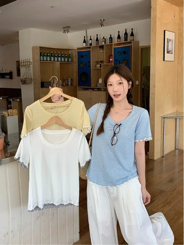

plus Size Women's Short Sleeve T-Shirt Korean Style Loose Fit Overhead Top Wooden Trim Color Block Slimming Summer Shirt