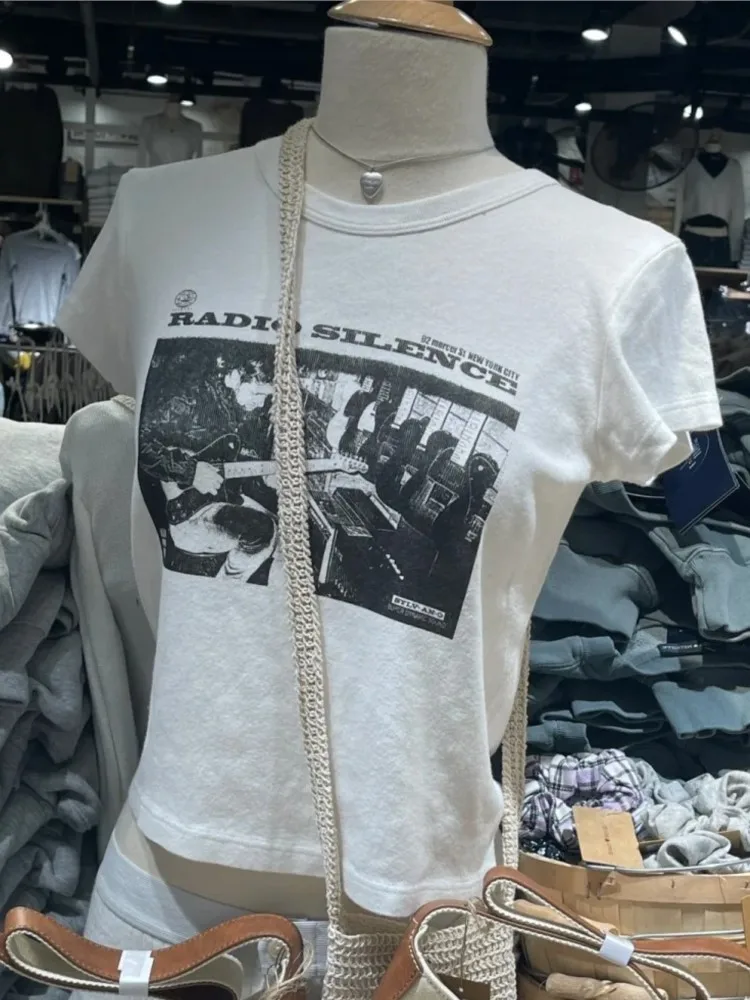 

American Print Ribbed Slim T-shirt Women Summer Cotton O-neck Short Sleeve Tee Shirts Vintage Cute Preppy Style Tshirt Y2K Tops