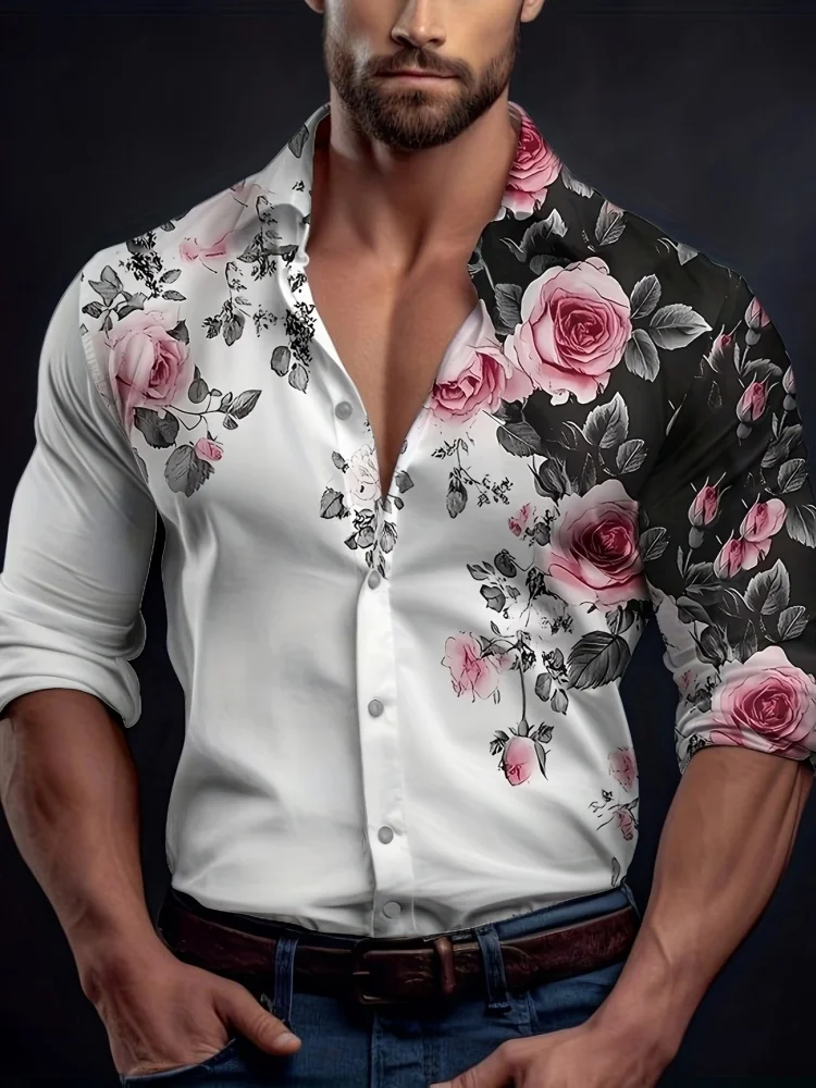 Men's Contrasting Rose Print Long Sleeved Shirt with Slim Fit Collar Shirt for Vacation Parties and Street Fashion tops