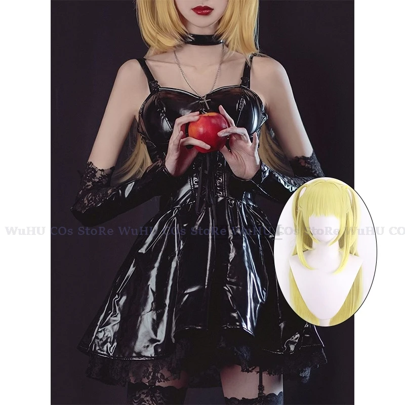 Death Cosplay Note Costume Misa Amane Imitation Leather Sexy Dress +Neck Jewelry+stockings+necklace Uniform Outfit Halloween Wig