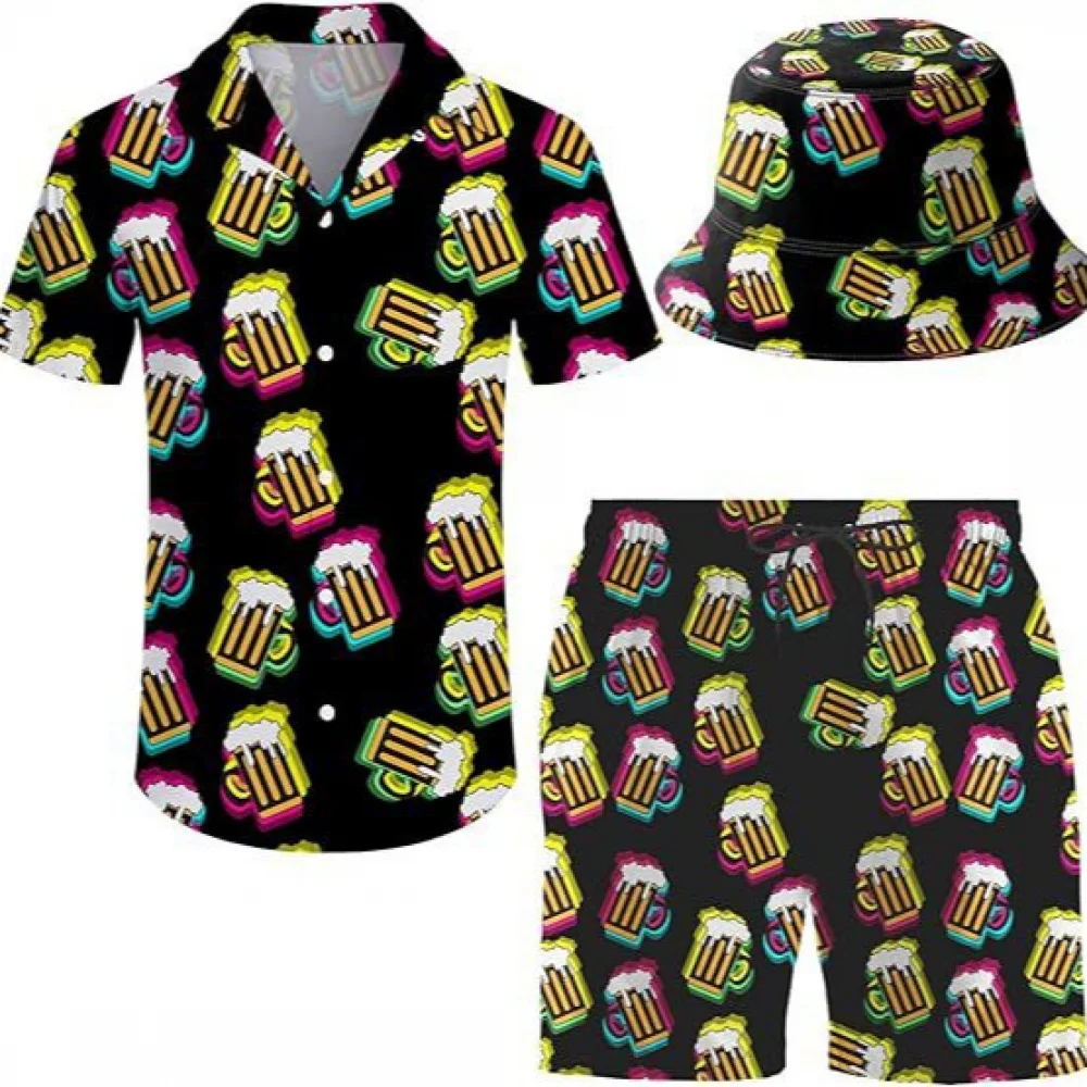 Heren 2 Stuks 80S 90S Outfit Retro Shirts En Korte Broek Set Met Hoed Hawaiian Strand Trainingspakken Voor Mannen Disco Party