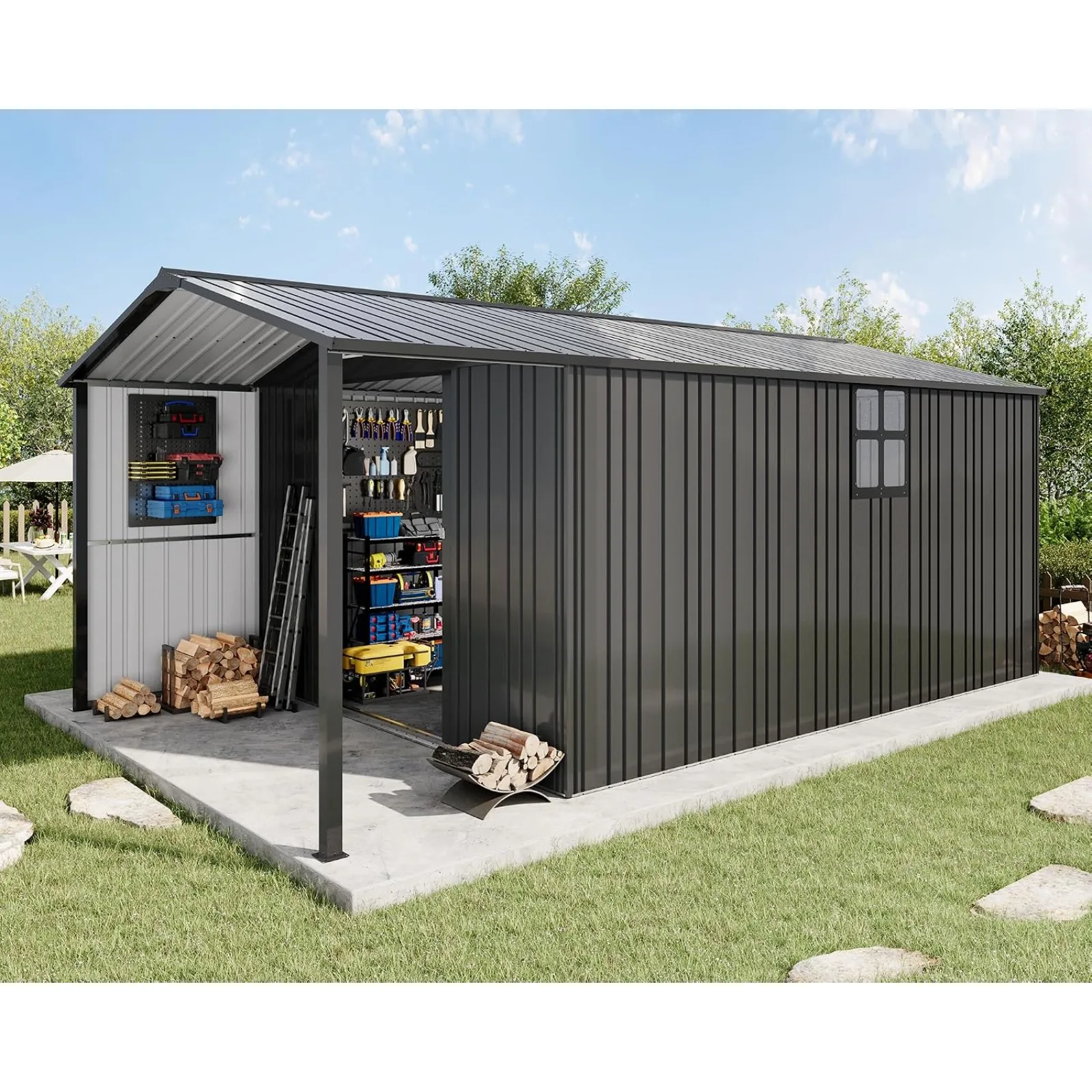 Outdoor Storage Shed with Lounge Area & 2 Windows | Metal Shed with Sliding Doors & 4 Vents, Heavy-Duty Weather-Resistant Steel for Backyard & Garden, Dark Gray