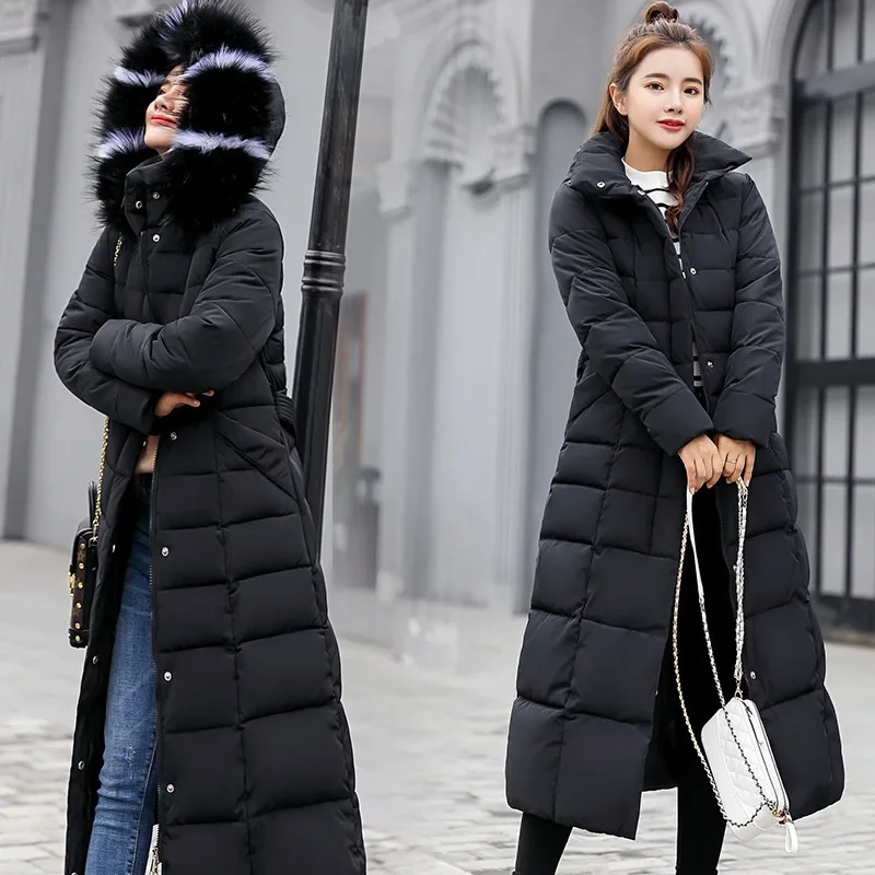 2025 New Coats Style Thickened Winter Cotton Jacket Womens Long Coat with Fur Collar Slim Fit Hooded Ladies Cotton Padded Coat