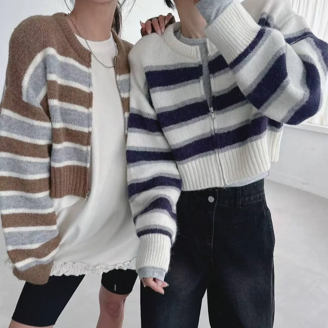 

Retro Color Blo Stripe ort Knit Sweater Jaet Women's Loose Slimming Warm Cardigan Top for Autumn Winter Street Sle