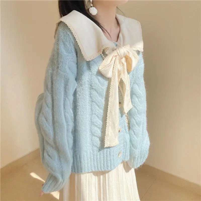 Sweet Loose Vintage Sweater Women Autumn Winter Knitting Cardigan Coat Lacing Long Sleeve Fashion All-match Trend Knitwear Tops