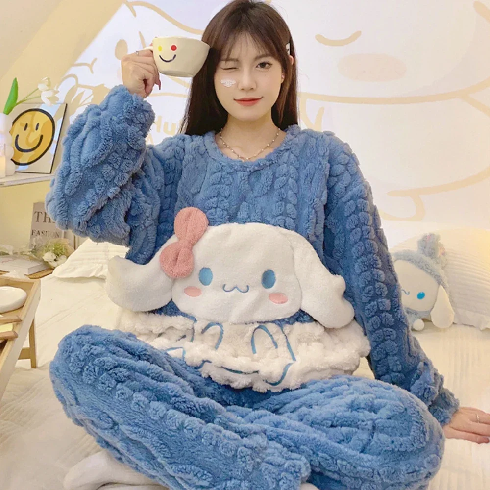

2Pcs Cinnamoroll Women Cartoon Pajamas Set Sanrioed My Melody Pochacco Kawaii Anime Plush Homewear Winter Coral Fleece Girls