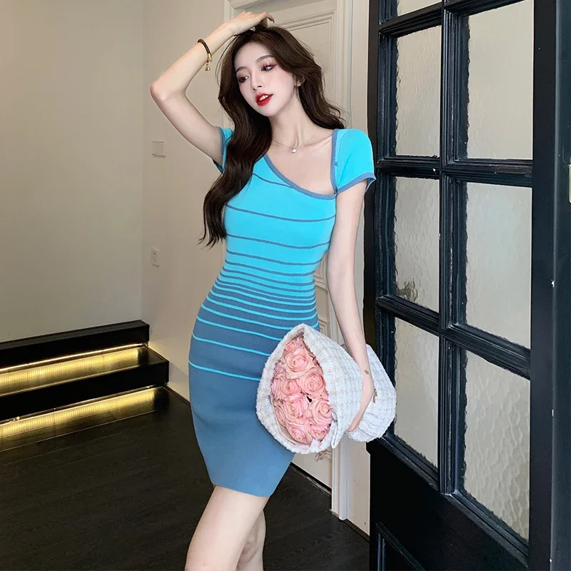 

2023 New Blue Gradient Striped Sexy Dress Spice Girls Diagonal Collar Short Sleeve Kintted Dress Women's Sweet Spicy Slim Skirt